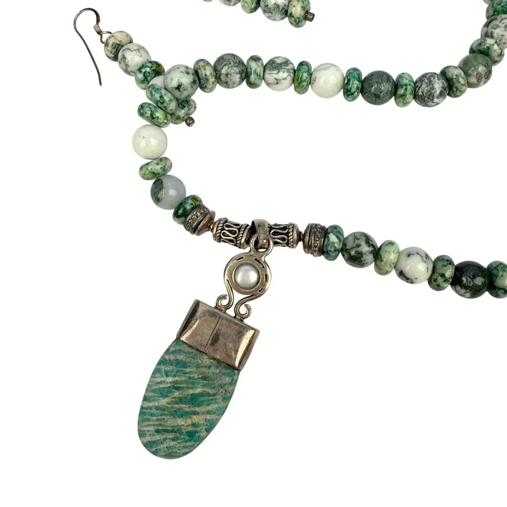 Artisan Sterling 925 Amazonite Pendant Tree Agate Necklace‎ Mother Pearl Set